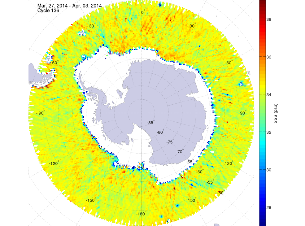 Sea surface salinity map of the southern hemisphere ocean, week ofMarch 27, 2014 - April 3, 2014.