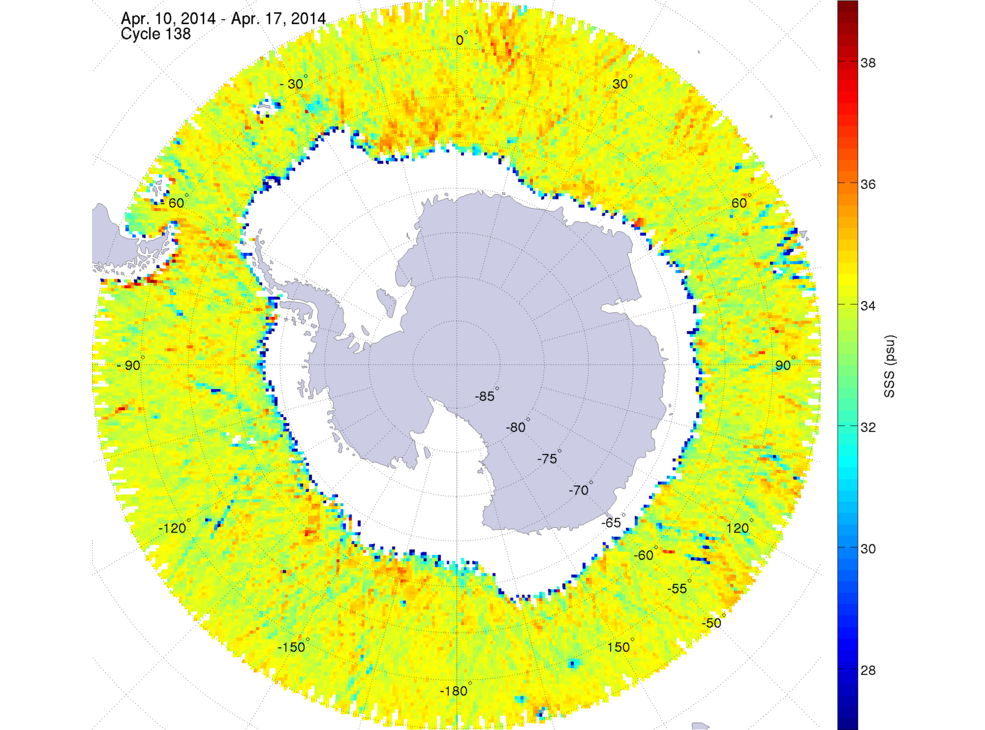 Sea surface salinity map of the southern hemisphere ocean, week ofApril 10-17, 2014.