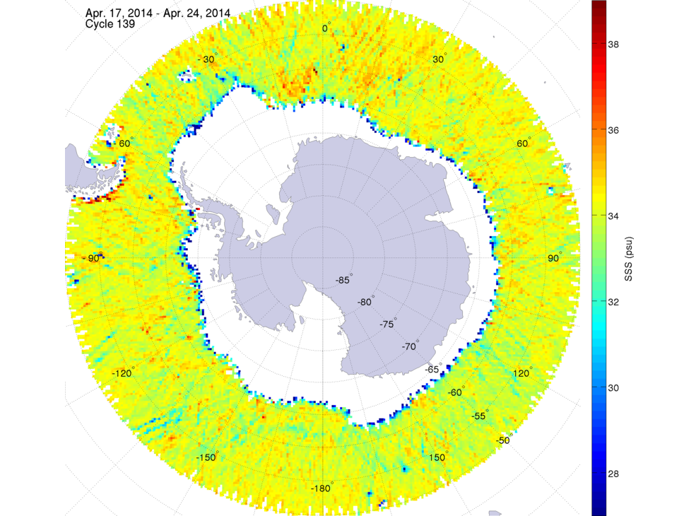 Sea surface salinity map of the southern hemisphere ocean, week ofApril 17-24, 2014.