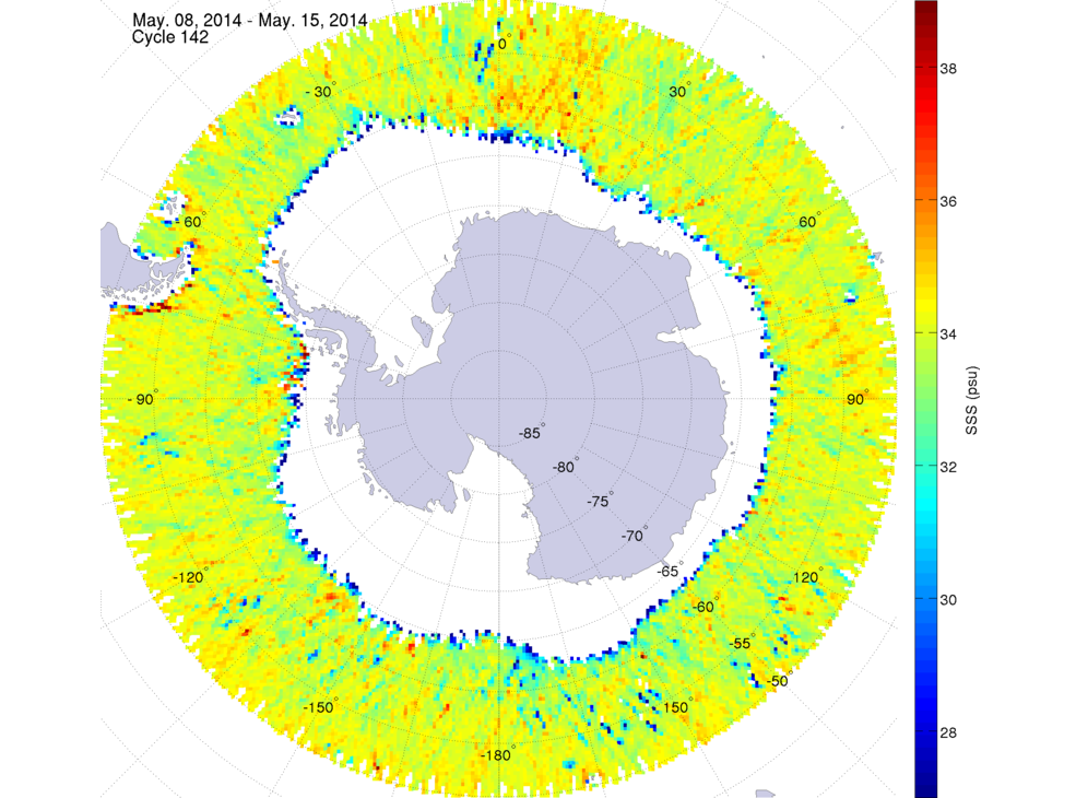 Sea surface salinity map of the southern hemisphere ocean, week ofMay 8-15, 2014.