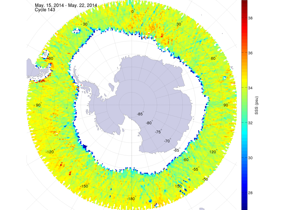 Sea surface salinity map of the southern hemisphere ocean, week ofMay 15-22, 2014.