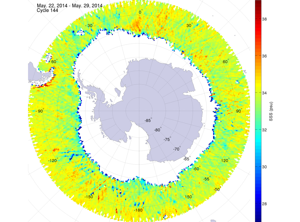 Sea surface salinity map of the southern hemisphere ocean, week ofMay 22-29, 2014.