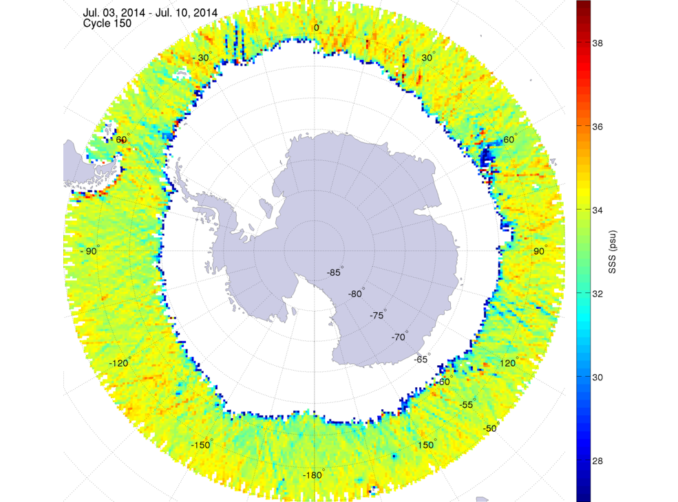 Sea surface salinity map of the southern hemisphere ocean, week ofJuly 3-10, 2014.