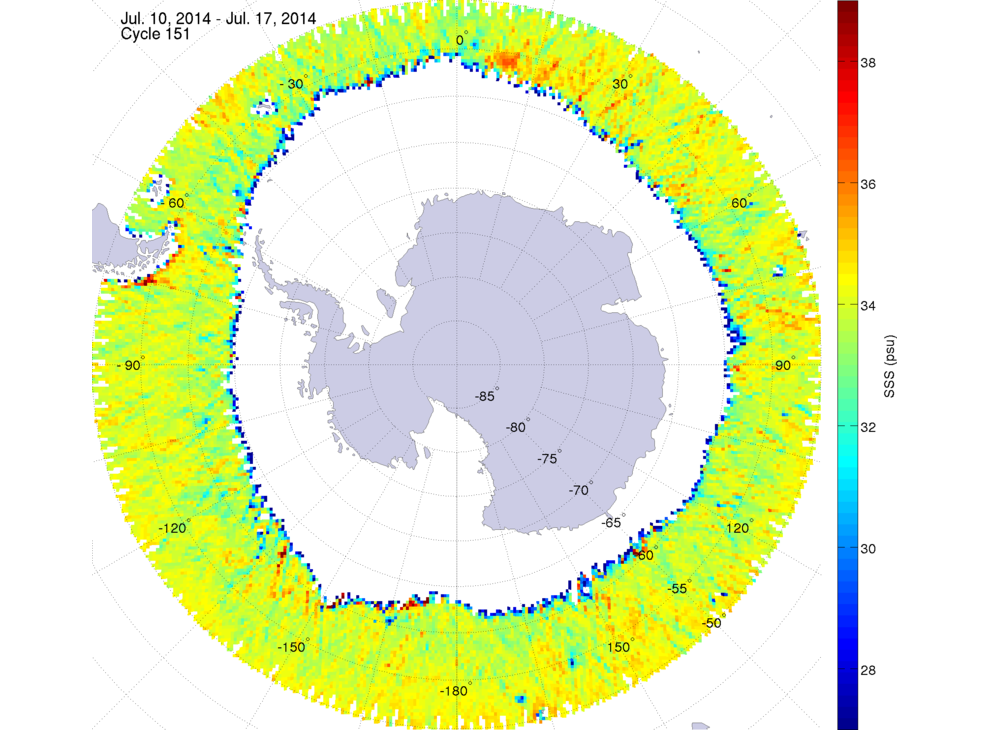Sea surface salinity map of the southern hemisphere ocean, week ofJuly 10-17, 2014.