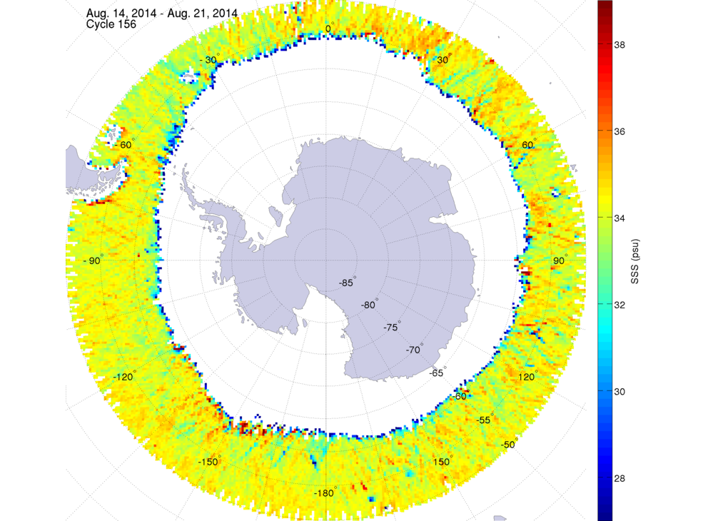 Sea surface salinity map of the southern hemisphere ocean, week ofAugust 14-21, 2014.