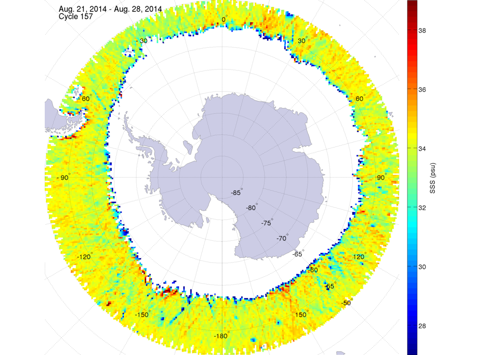 Sea surface salinity map of the southern hemisphere ocean, week ofAugust 21-28, 2014.
