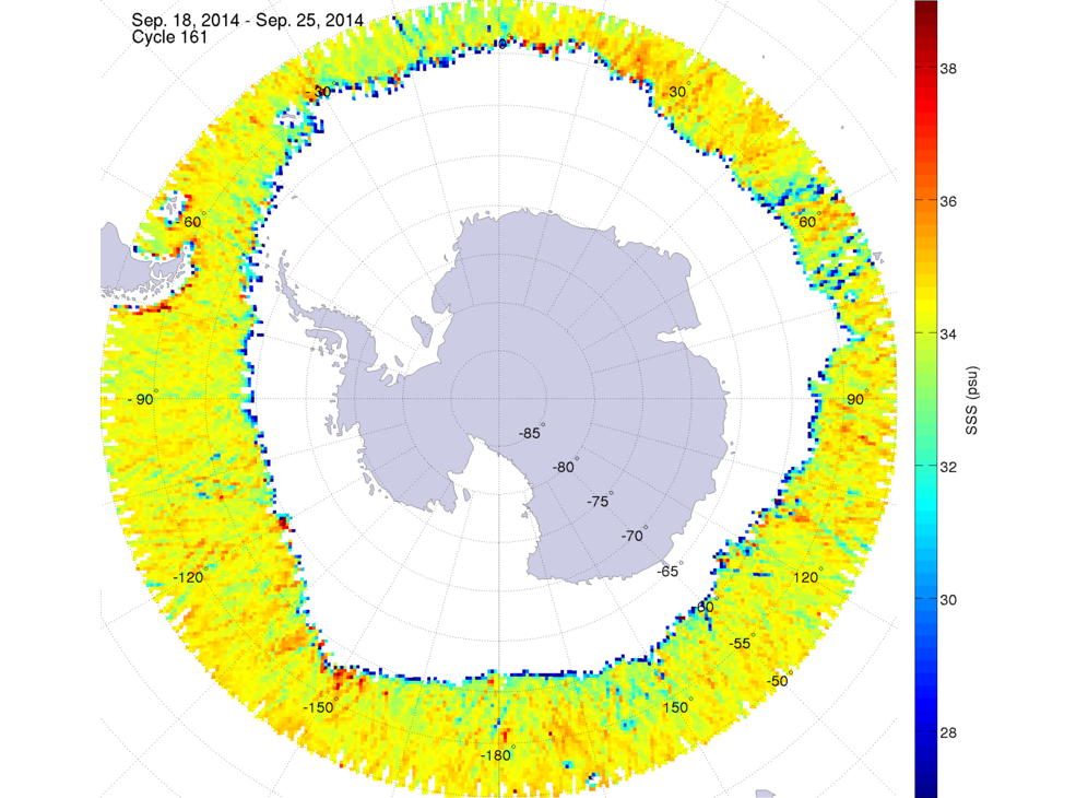 Sea surface salinity map of the southern hemisphere ocean, week ofSeptember 18-25, 2014.