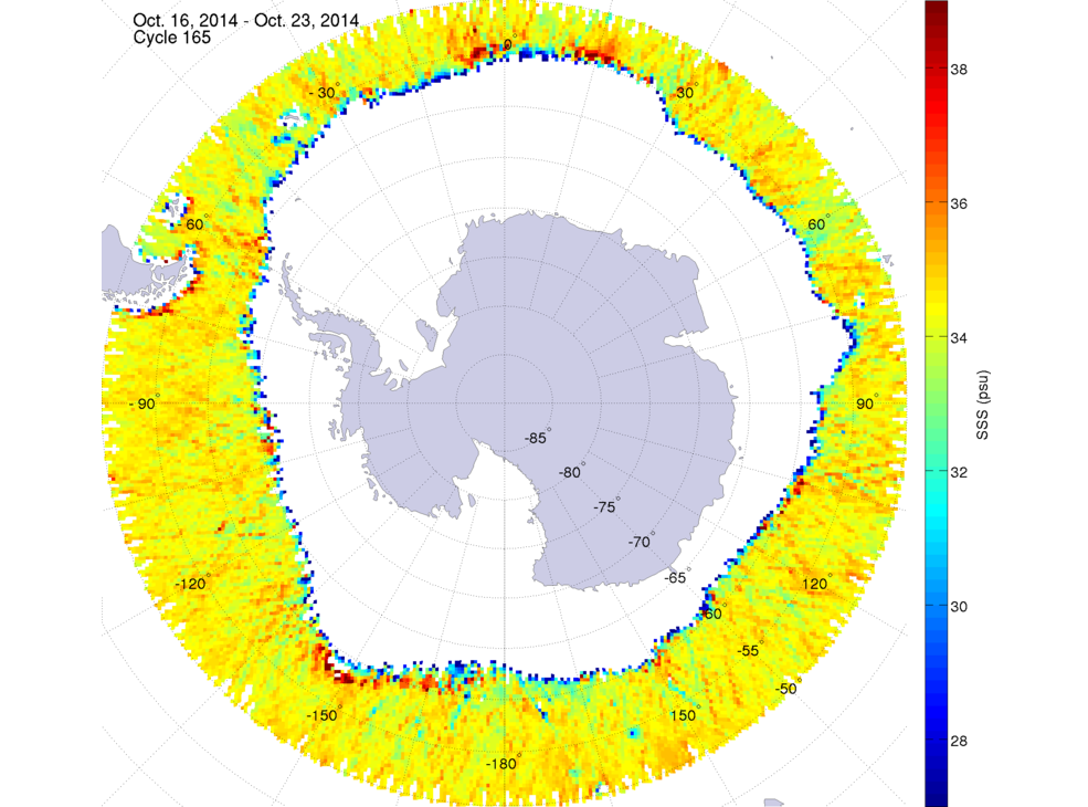 Sea surface salinity map of the southern hemisphere ocean, week ofOctober 16-23, 2014.