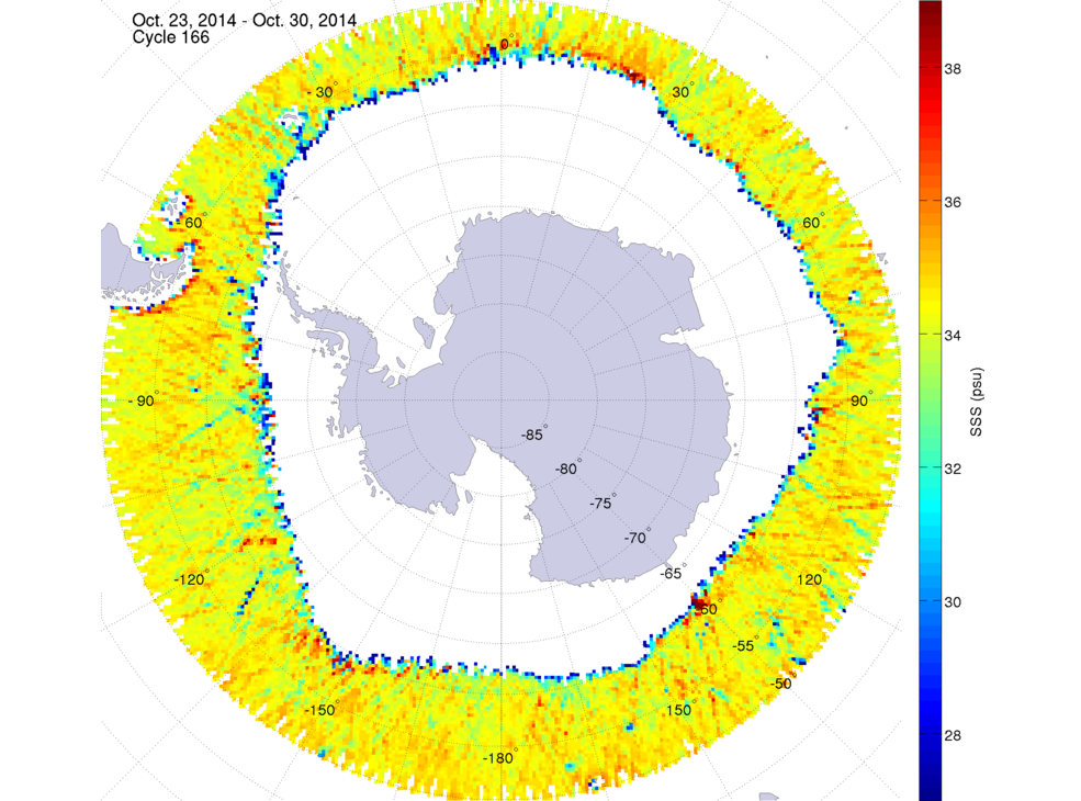 Sea surface salinity map of the southern hemisphere ocean, week ofOctober 23-30, 2014.