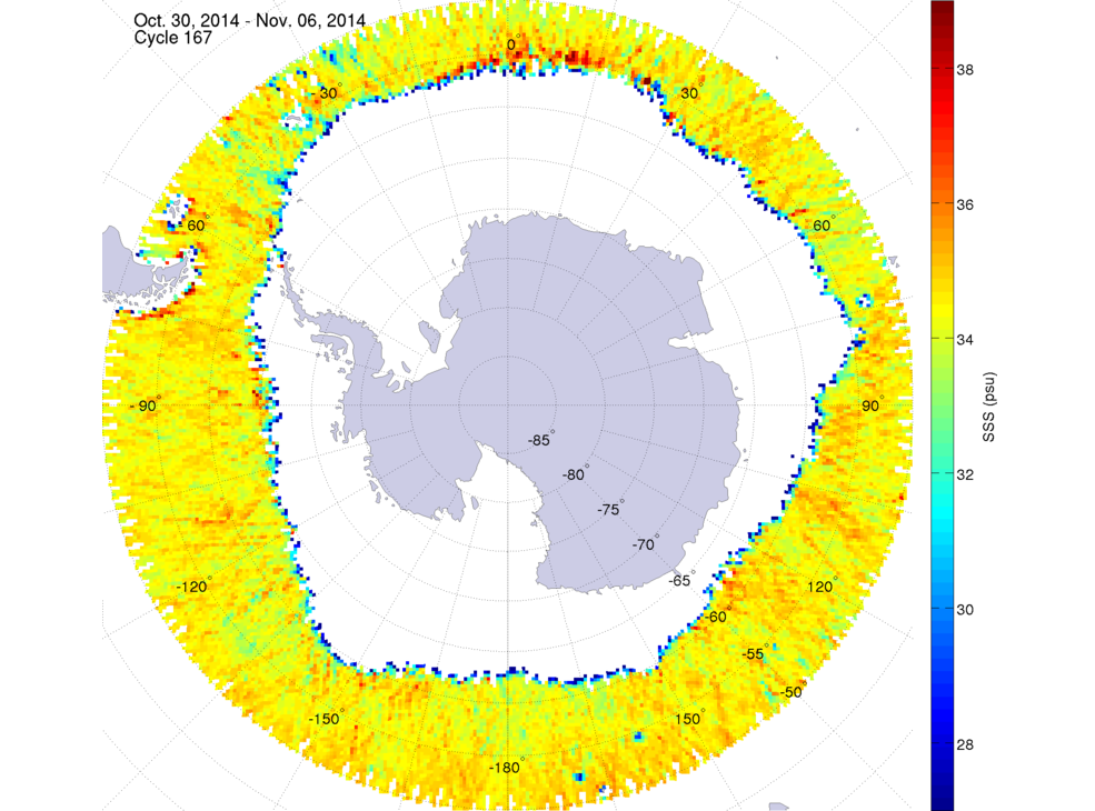 Sea surface salinity map of the southern hemisphere ocean, week ofOcrober 30 - Novermber 6.