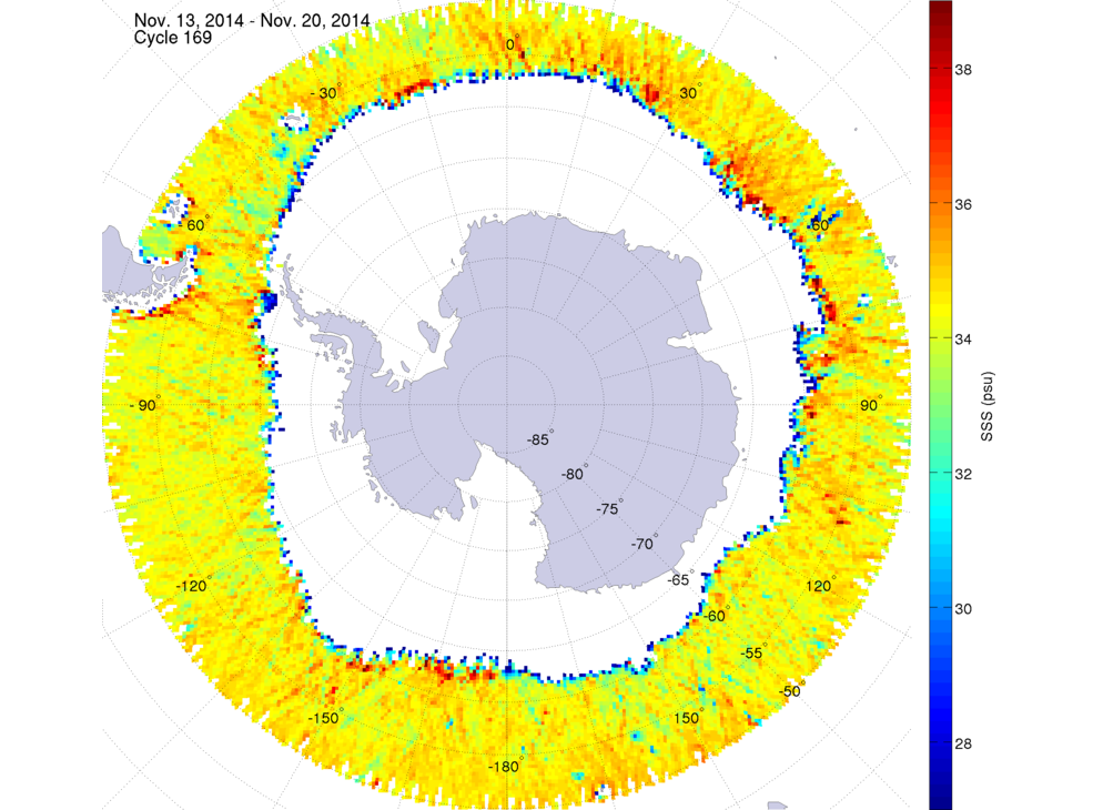 Sea surface salinity map of the southern hemisphere ocean, week ofNovember 13-20, 2014.