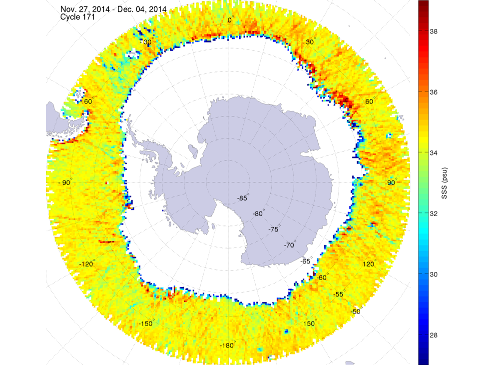 Sea surface salinity map of the southern hemisphere ocean, week ofNovember 27 - December 4, 2014.