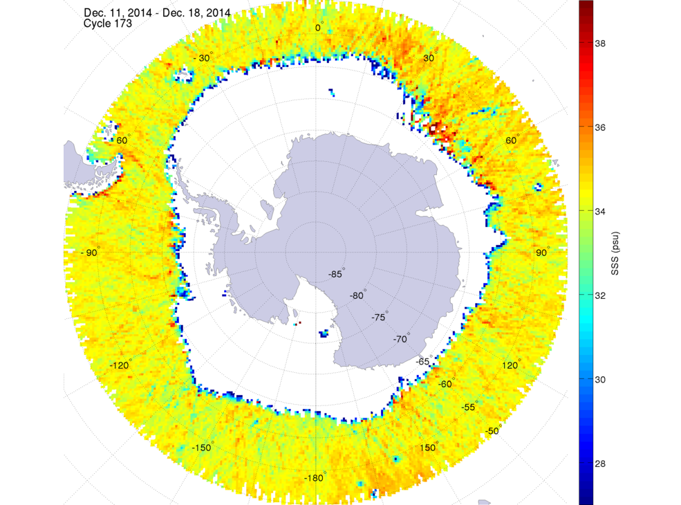 Sea surface salinity map of the southern hemisphere ocean, week ofDecember 11-18, 2014.
