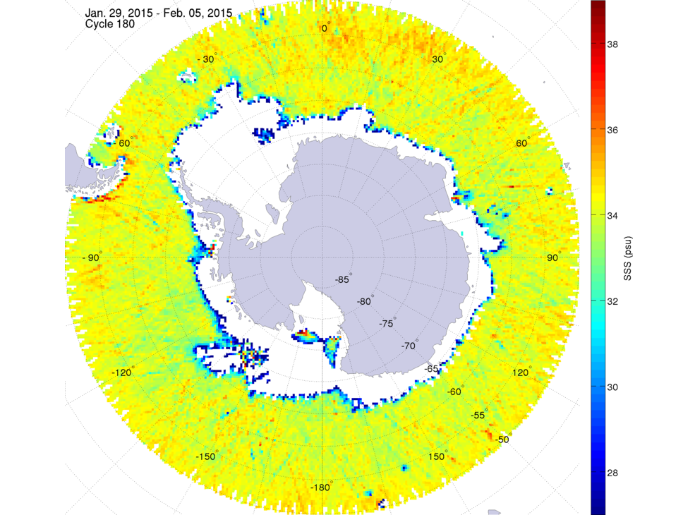 Sea surface salinity map of the southern hemisphere ocean, week ofJanuary 29 - February 5, 2015.