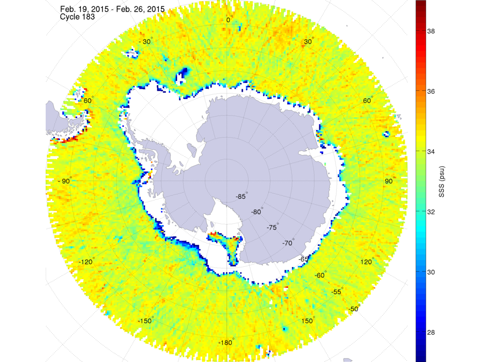 Sea surface salinity map of the southern hemisphere ocean, week ofFebruary 19-26, 2015.