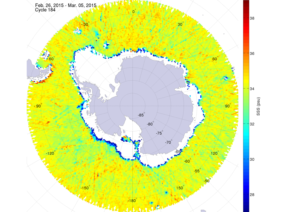 Sea surface salinity map of the southern hemisphere ocean, week ofFebruary 26 - March 5, 2015.