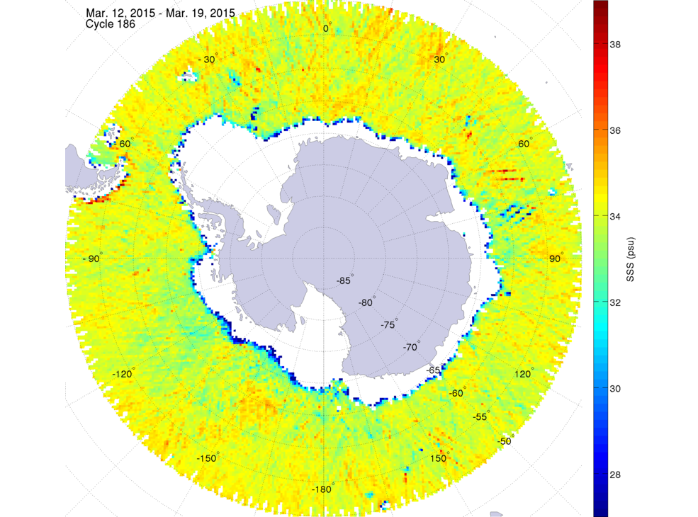 Sea surface salinity map of the southern hemisphere ocean, week ofMarch 12-19, 2015.