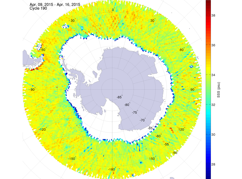 Sea surface salinity map of the southern hemisphere ocean, week ofApril 9-16, 2015.
