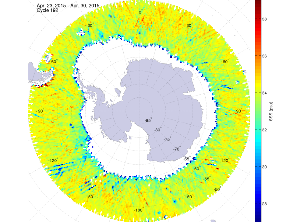 Sea surface salinity map of the southern hemisphere ocean, week ofApril 23-30, 2015.