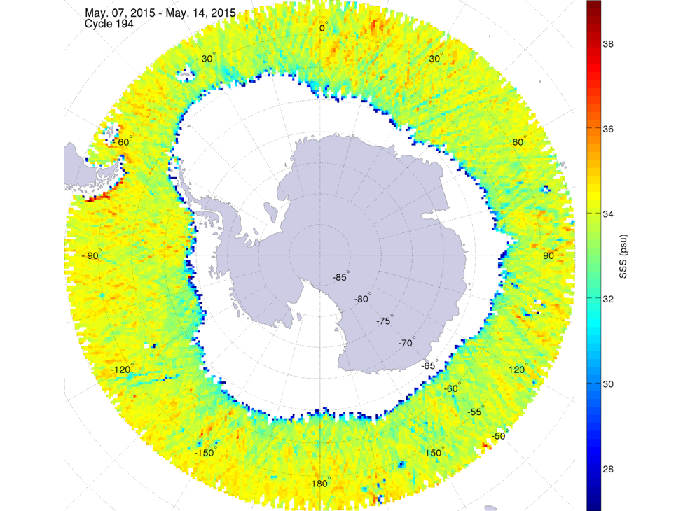 Sea surface salinity map of the southern hemisphere ocean, week ofMay 7-14, 2015.