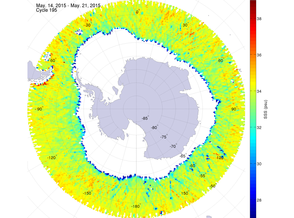 Sea surface salinity map of the southern hemisphere ocean, week ofMay 14-21, 2015.