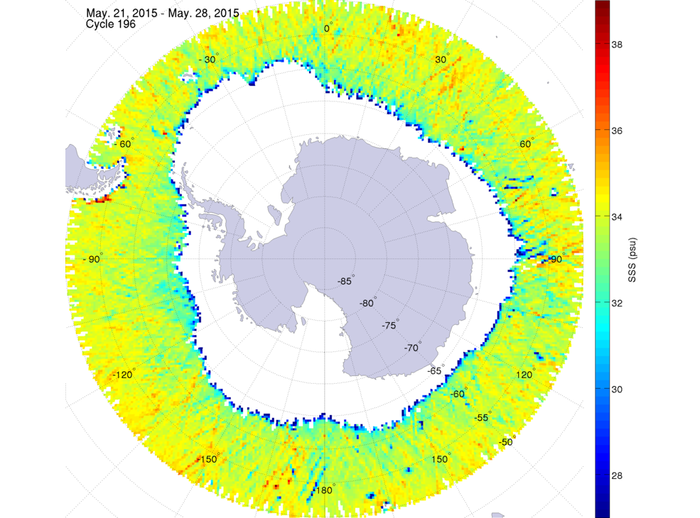 Sea surface salinity map of the southern hemisphere ocean, week ofMay 21-28, 2015.
