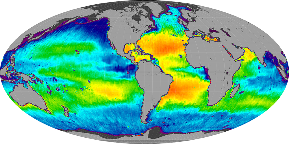 Monthly composite map of sea surface salinity, March 2013.