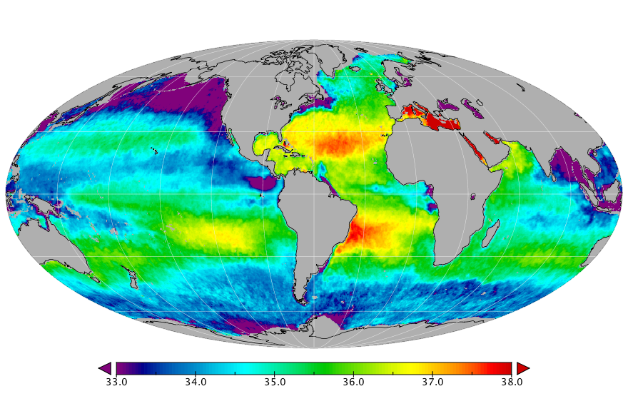 Monthly composite map of sea surface salinity, March 2017.