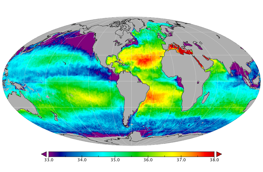 Monthly composite map of sea surface salinity, January 2020.