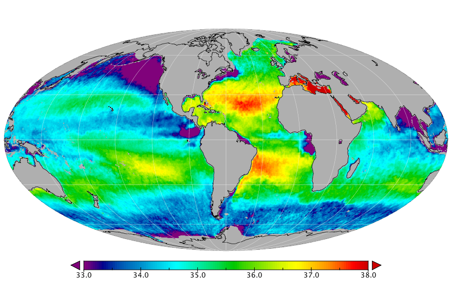 Sea surface salinity, March 2020