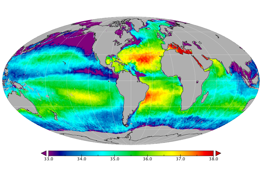 Monthly composite map of sea surface salinity, August 2020.