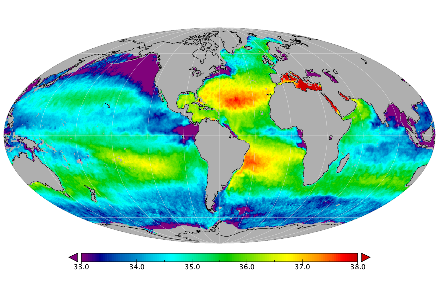 Monthly composite map of sea surface salinity, March 2021.