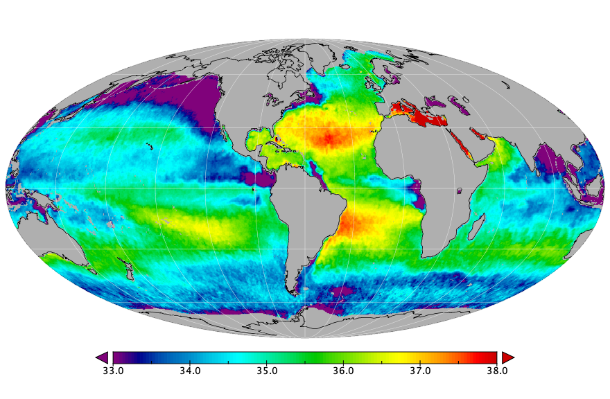 Monthly composite map of sea surface salinity, April 2021.