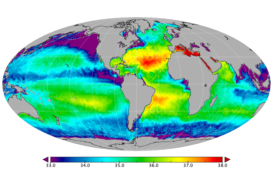 Monthly composite map of sea surface salinity, December 2021.