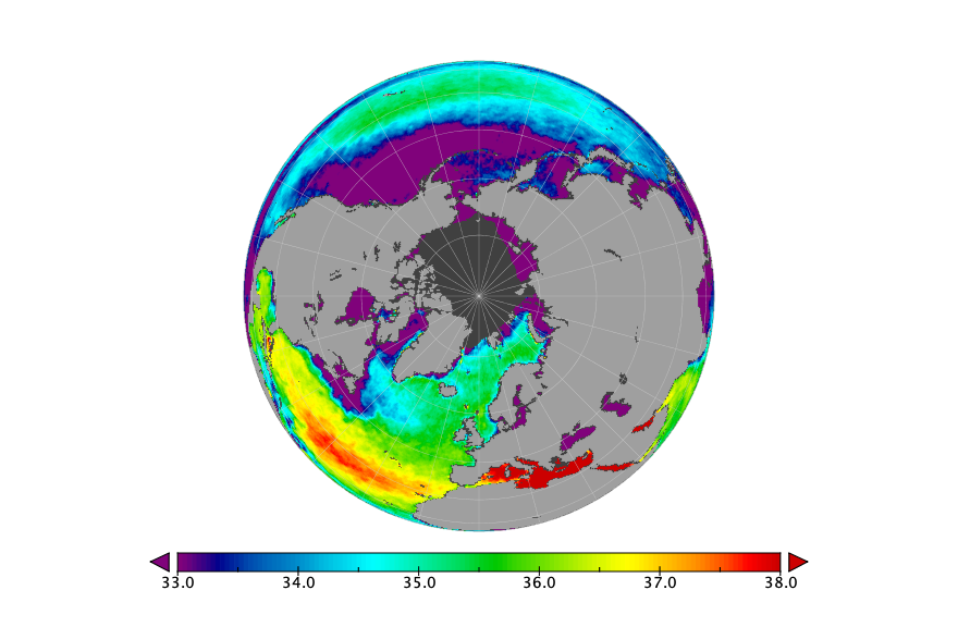 Sea surface salinity, October 2021
