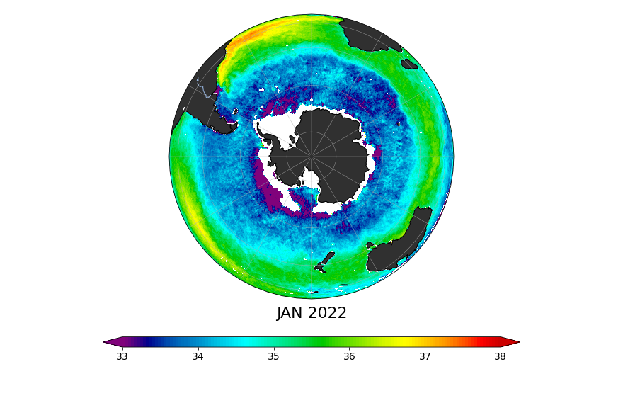 Sea Surface Salinity, January 2022