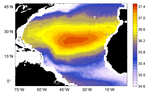Mean sea surface salinity between Sept. 2012 and Sept. 2013