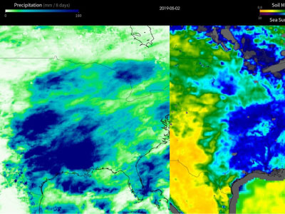 Comparison of 8-day soil moisture and sea surface salinity averages with precipitation