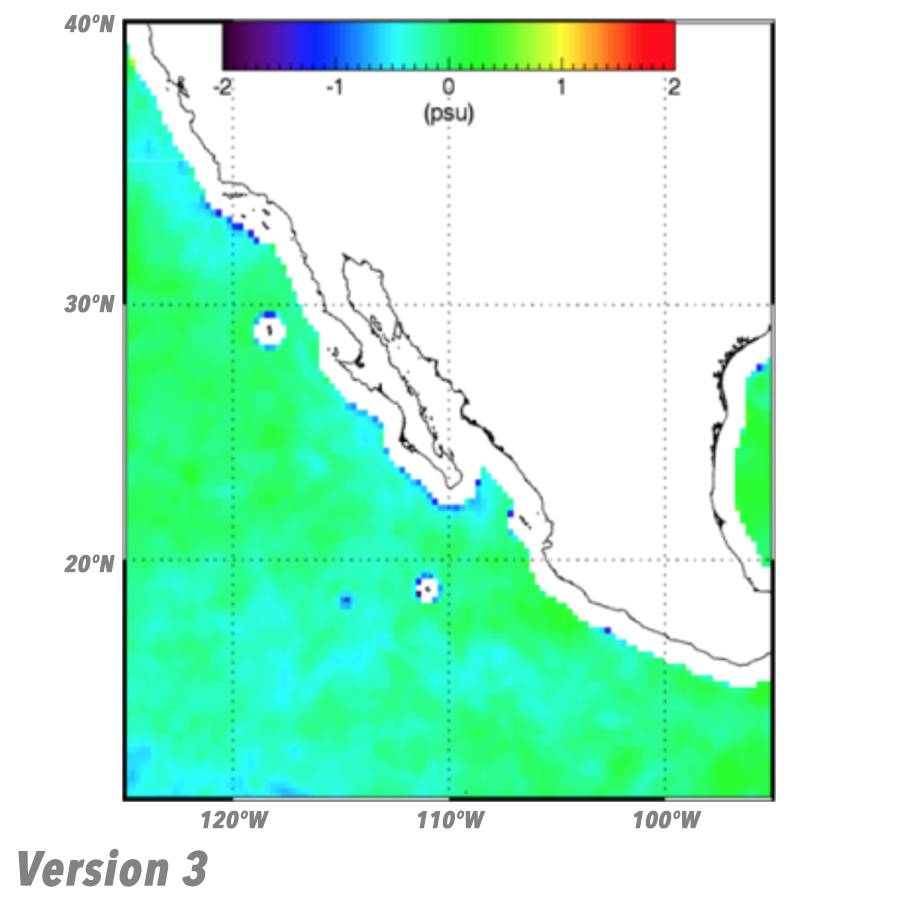 SMAP – HYCOM salinity near Baja California, V3.0 70-km product