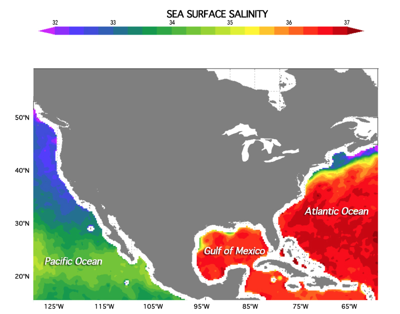 Sea surface salinity off the coast of the U.S.