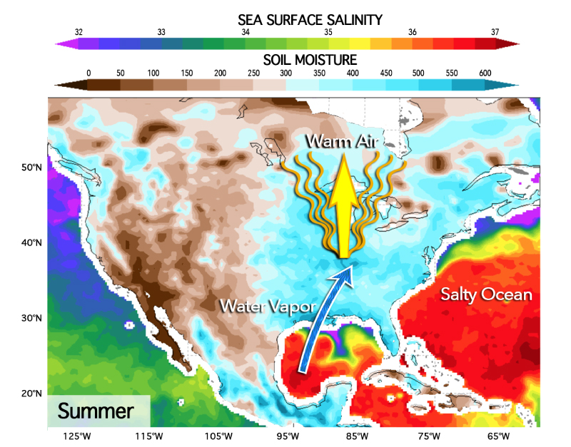 In summer, rising air draws in moist air from the Gulf of Mexico that heads north, increasing rainfall in the Midwest